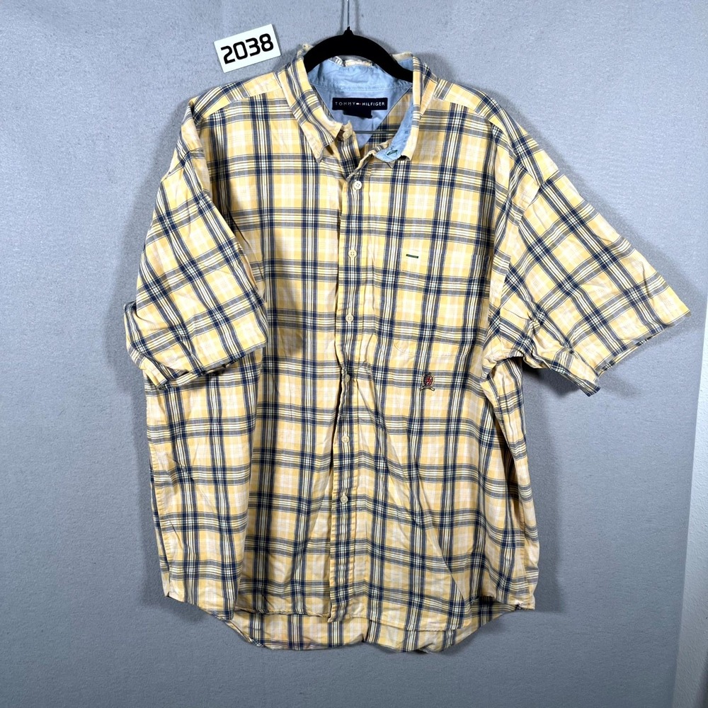 Tommy Hilfiger Shirt Mens XL Yellow Blue Plaid Cotton Casual Travel Button Down